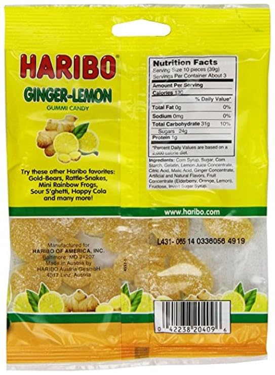 HARIBO Ginger Lemon Tangy Gummy Candy, 4 oz. Bag