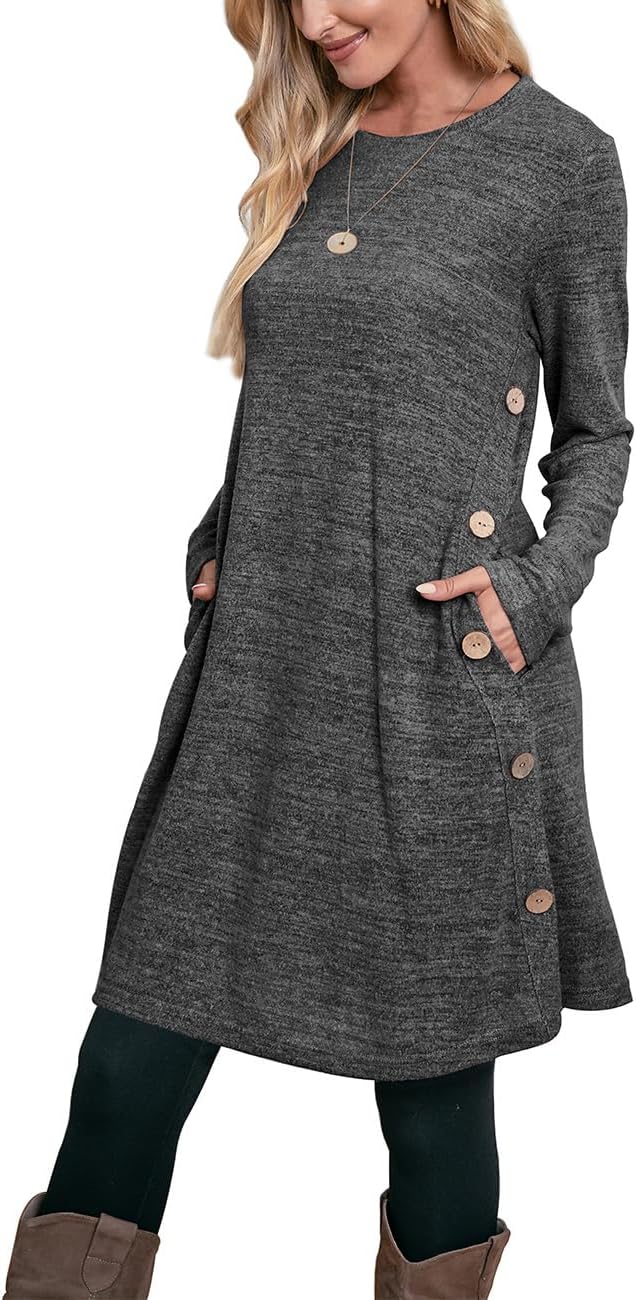 Long Sleeve Dress for Women Crew Neck Tunic Dress with Pockets Buttons Side