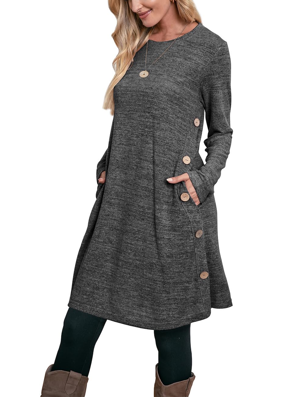OFEEFAN Long Sleeve Dress for Women Crew Neck Tunic Dress with Pockets Buttons Side