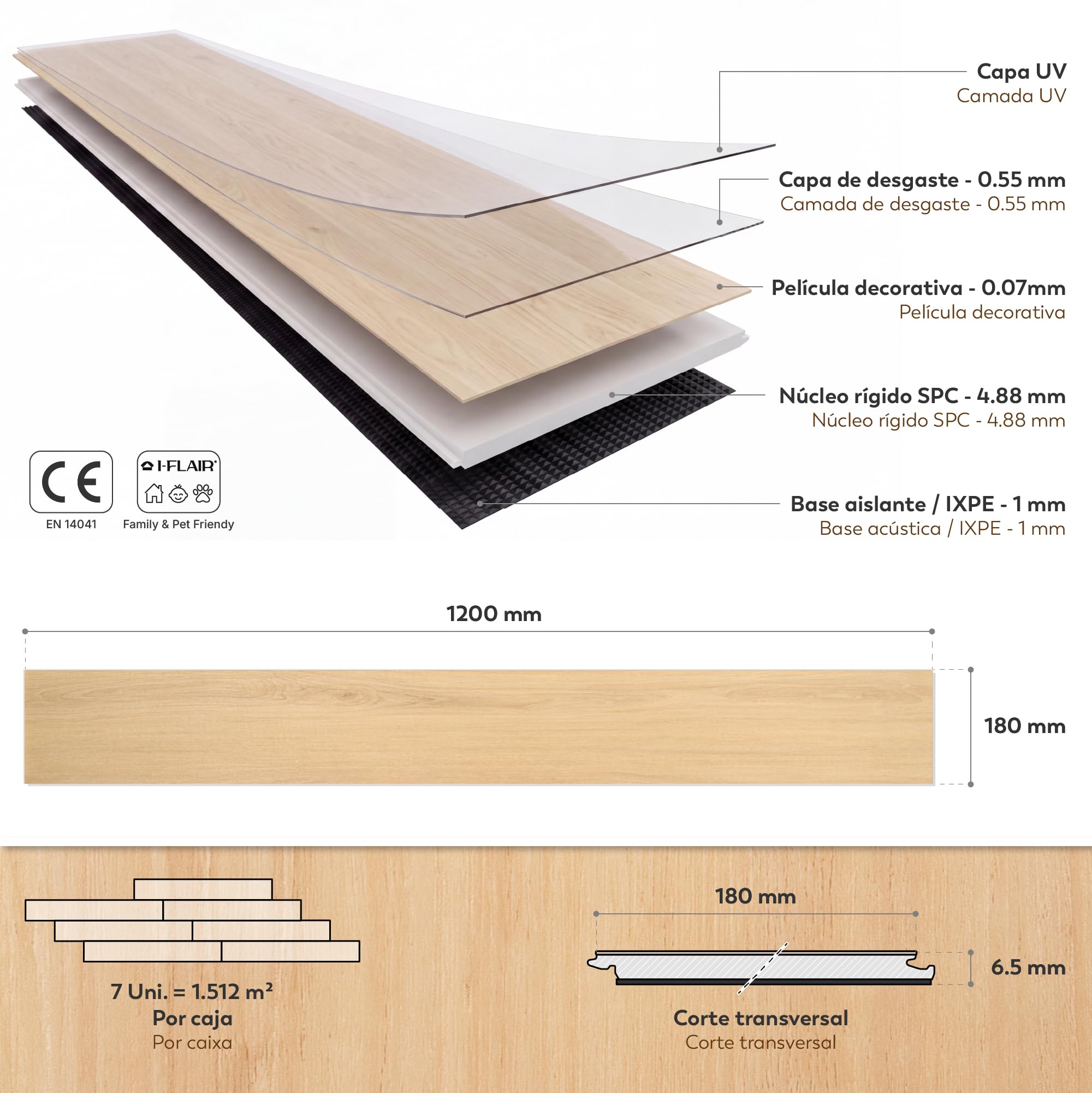ORIGIN Pavimento SPC Roble Claro 6,5 mm, 2 packs 3,02 m²