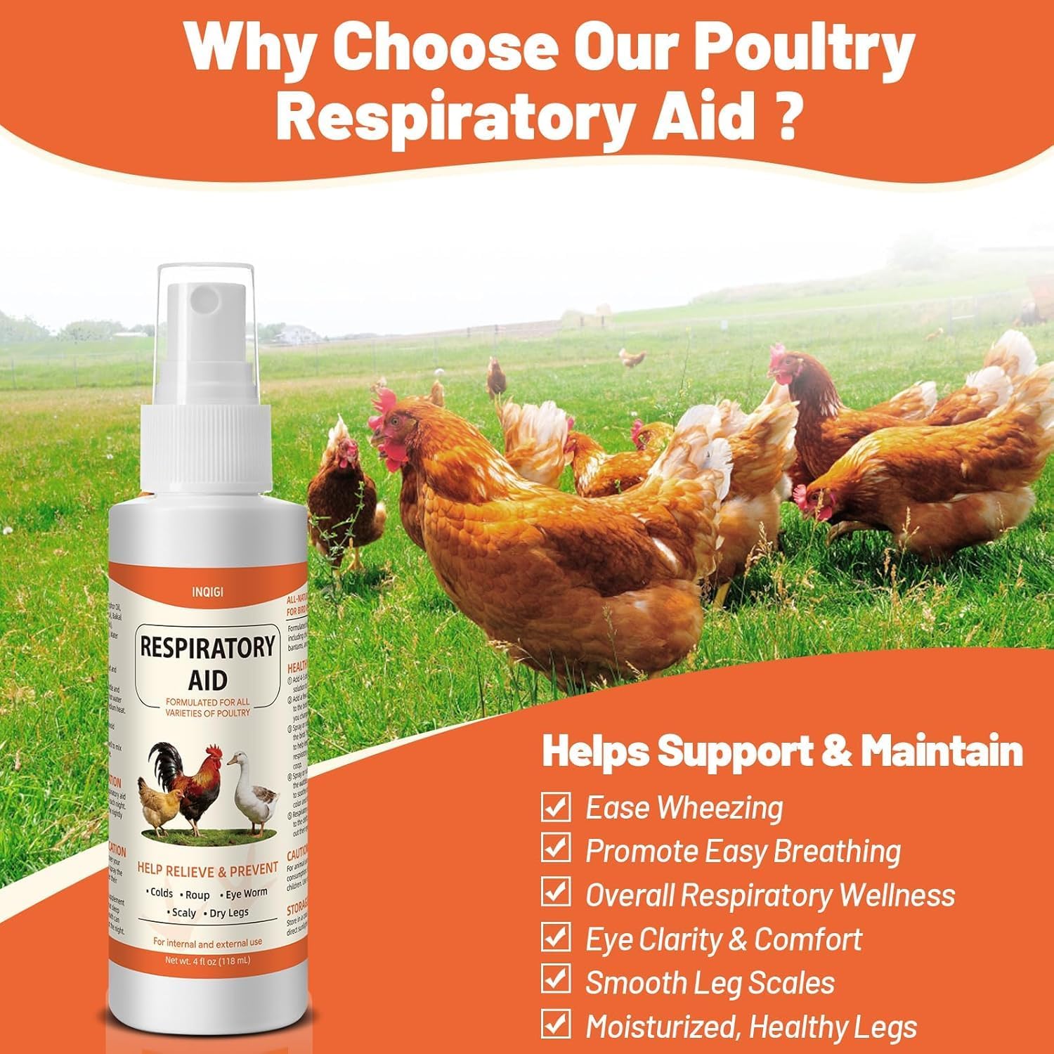 Respiratory Aid for Chicken, Poultry Supplement for Coughing, Sneezing & Nasal Relief, All-Bird Safe Formula, Drinking Water Additive, Dropper & Spray Top Included, 4Oz (118ml) Natural Liquid