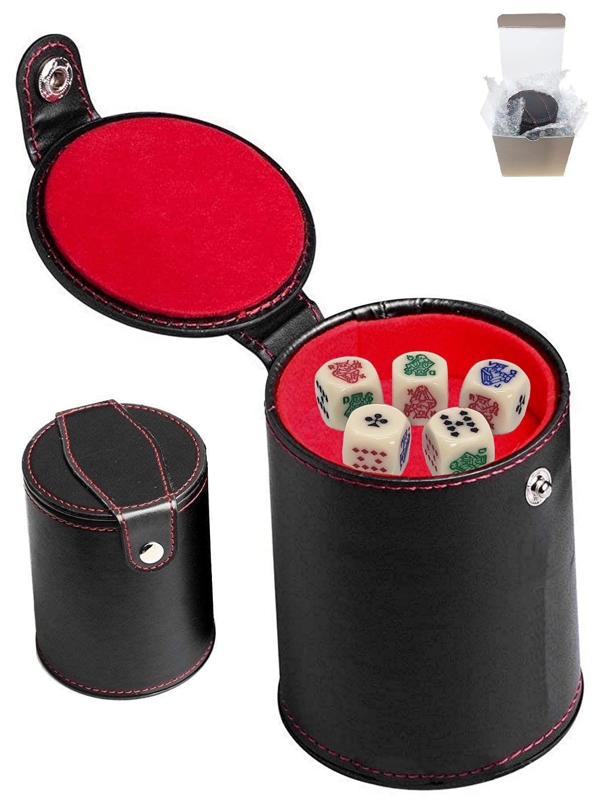 16mm Poker Dice Ivory Tone Rounded Corners with Storage Pouch, Bundled with Black PU Leather Plush Felt Lined Dice Cup with Compartment (Red Lining)