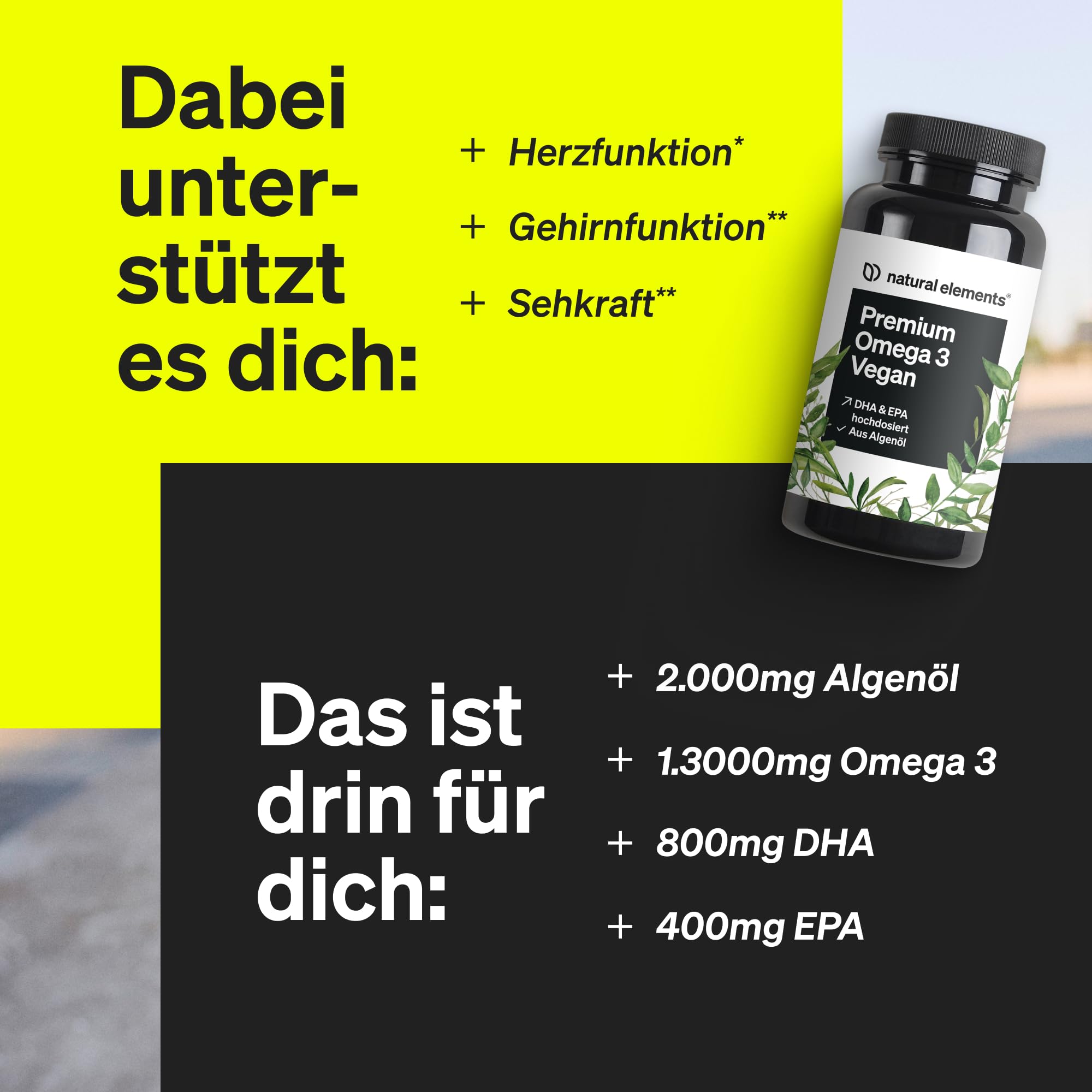 natural elements Premium Omega 3 Vegan – 60 Kapseln – 2000mg Algenöl, 800mg DHA und 400mg EPA pro Tagesdosis – Omega-3 für Veganer – hochdosiert, ohne unnötige Zusätze – laborgeprüfte Qualität
