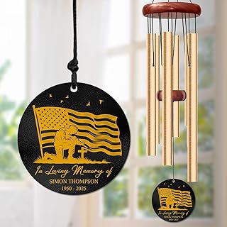 Personalized Veteran Memorial Wind Chime – “in Loving Memory of” Custom Name & Years – Soldier Kneeling Under Flag – Sympathy Gift for Military Families – Memorial Windchimes for Loss of Loved One