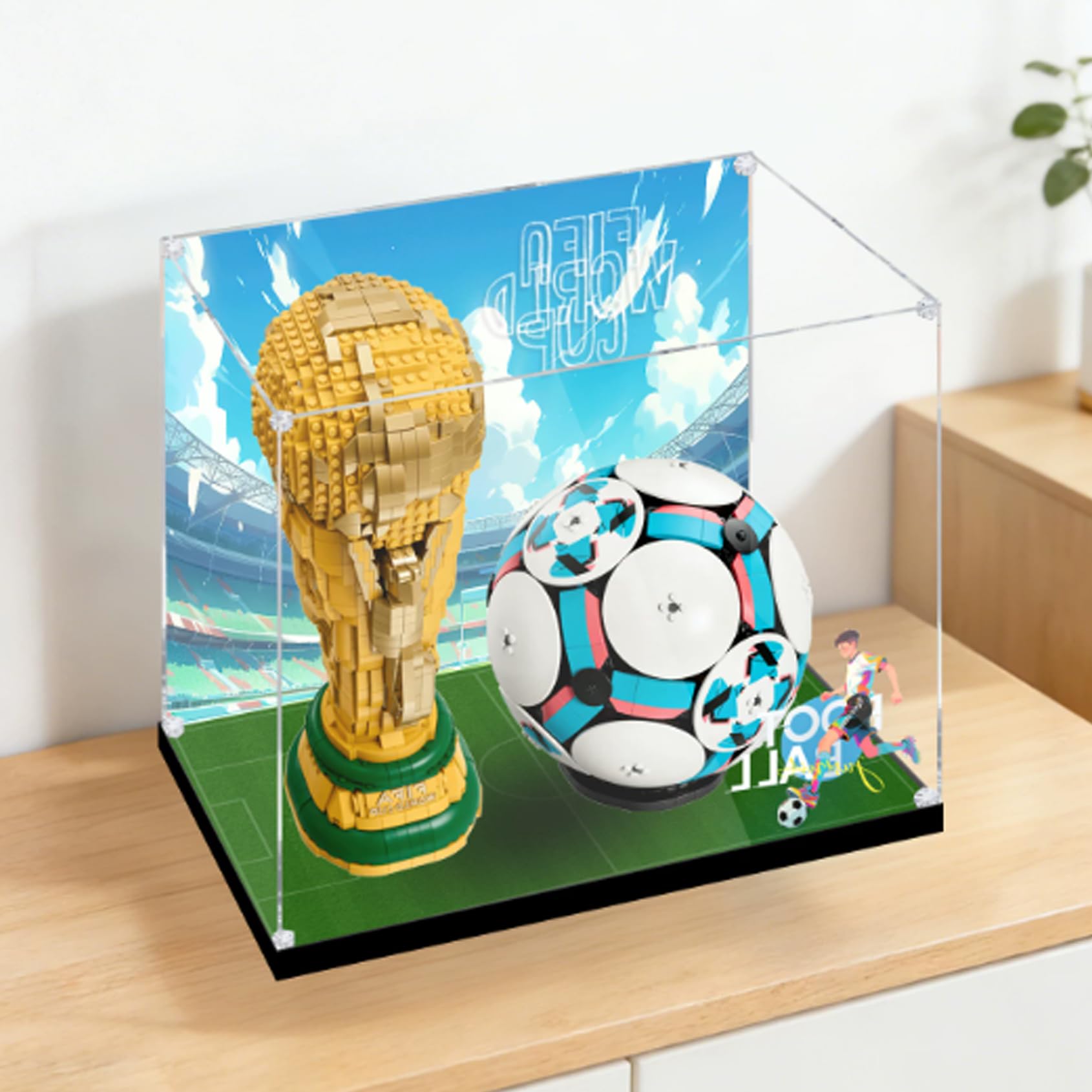 Acrylic Display Case for Lego 43019+43020 World Cup Football+Trophy Building Set, Dustproof Transparent Box - Only Display Case, Display Box Compatible with Lego 43019+43020 (Back Spray B)