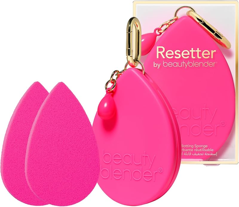 Resetter Set of 2 Reusable Makeup Blotting Sponges | Absorbs oil & removes shine without smudging makeup, washable foam blotters with silicone travel case, vegan