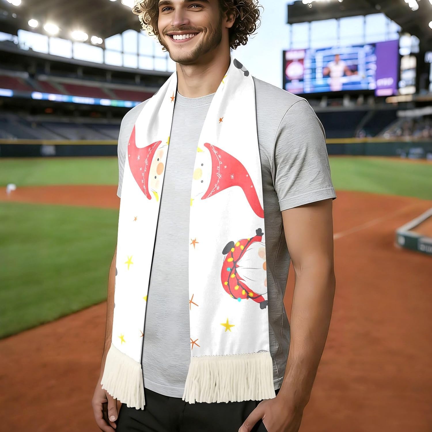 CHIFIGNO Christmas Gnomes White Sports Fan Scarf for Cheering, Soft Polyester Sweat Towel Wrap with Fringe Ends, Quick Dry Soccer Scarf