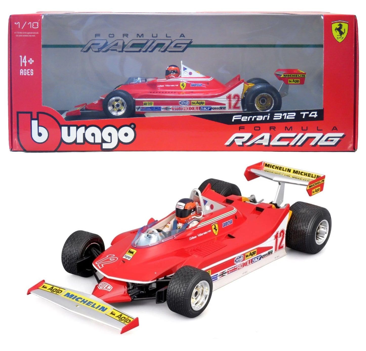 Bburago - Ferrari 312 T4 GP South Africa Winner 1979#12 Gilles Villeneuve, 1:18 Scale Model Car, Historic Replica with Driver, Detailed Features, Ferrari Licence, Recommended Age 14+ Years — image 1