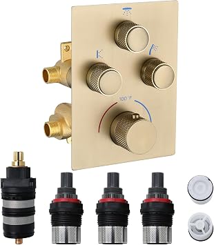 Thermostatic Push Button Shower Valve with Replacement Cartridge Full Set Backup, Brushed Gold