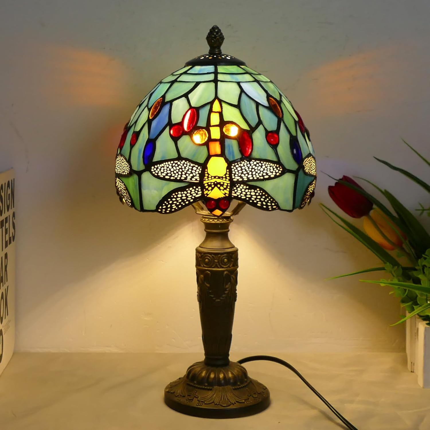 Tiffany Lamp Stained Glass Table Lamp 7.9X7.9X14.2 Inches Dragonfly Style Desk Reading Light