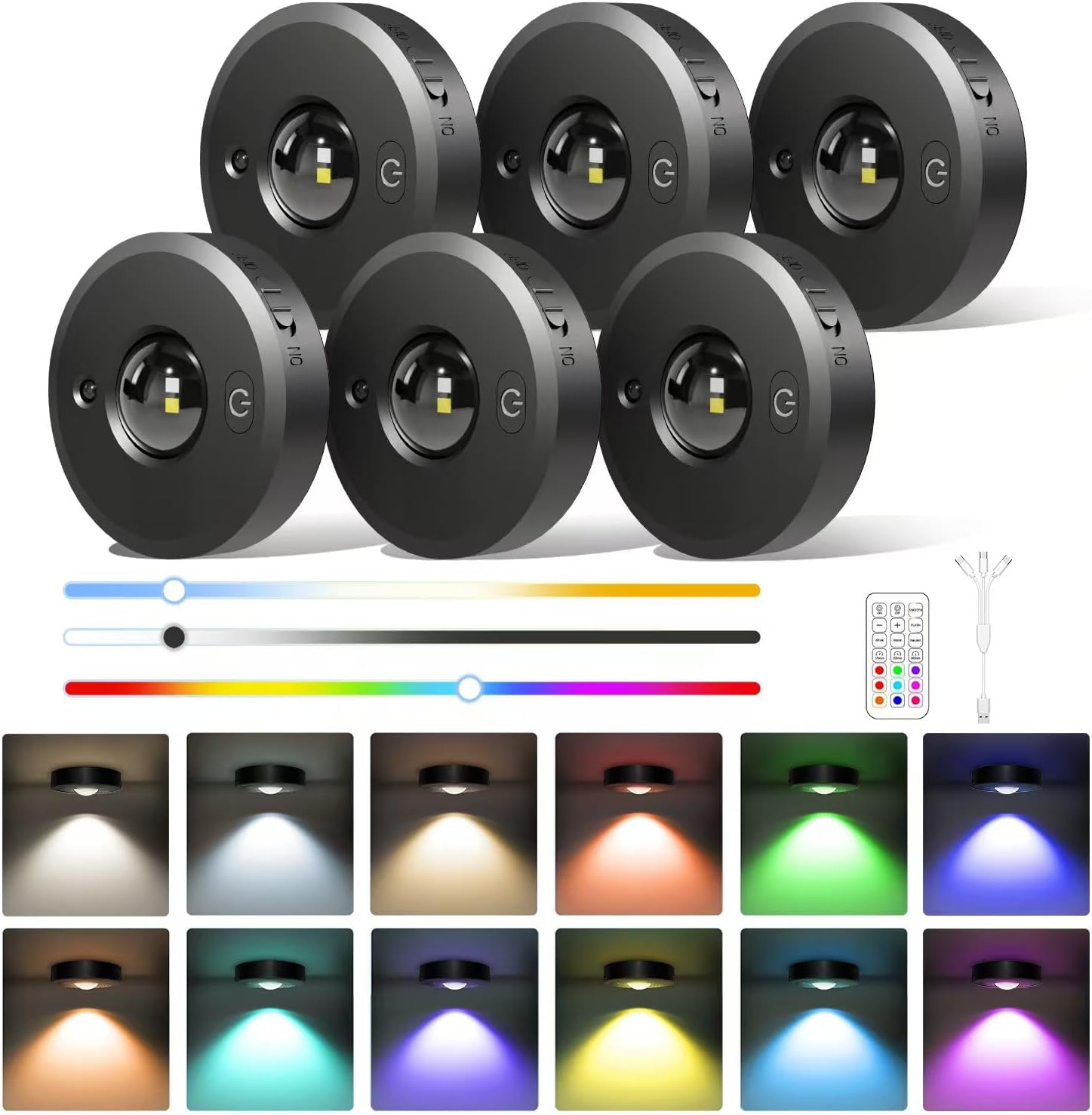 Rechargeable Puck Lights with Remote - 6 Pack LED Under Cabinet Lighting, Color Changing, Dimmable, 1000mAh Battery Powered, Timer, Night Light, for Kitchen, Closet and More, Size: 2.56”