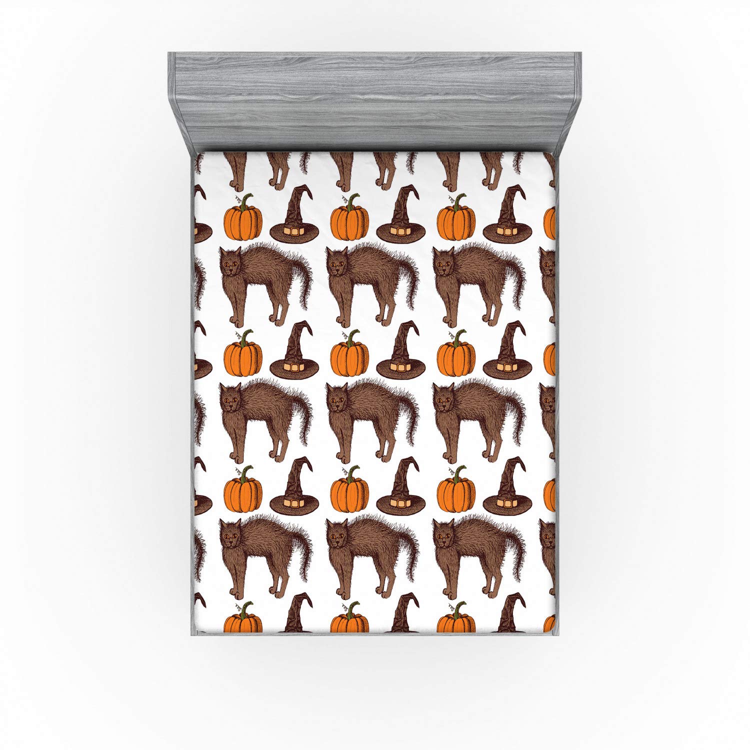 Ambesonne Halloween Fitted Sheet, Seasonal Vintage Pattern with Pumpkin Squash Witch Hats and Cat, Bed Cover with All-Round Elastic Pocket for Comfort, California King, Orange Brown