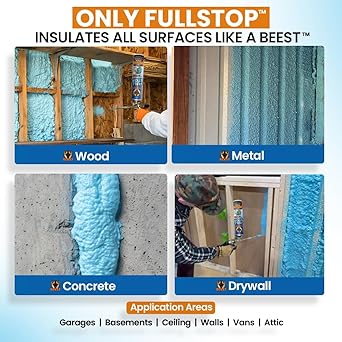 BEEST FullStop Spray Foam Insulation Kit - 240 Board ft/sq.ft. Fire Rated Spray Insulation Foam for Walls & Attics with Thermal & Soundproofing - Includes 12x Cans, 1 Cleaner, Pro X Gun, Safety Gear