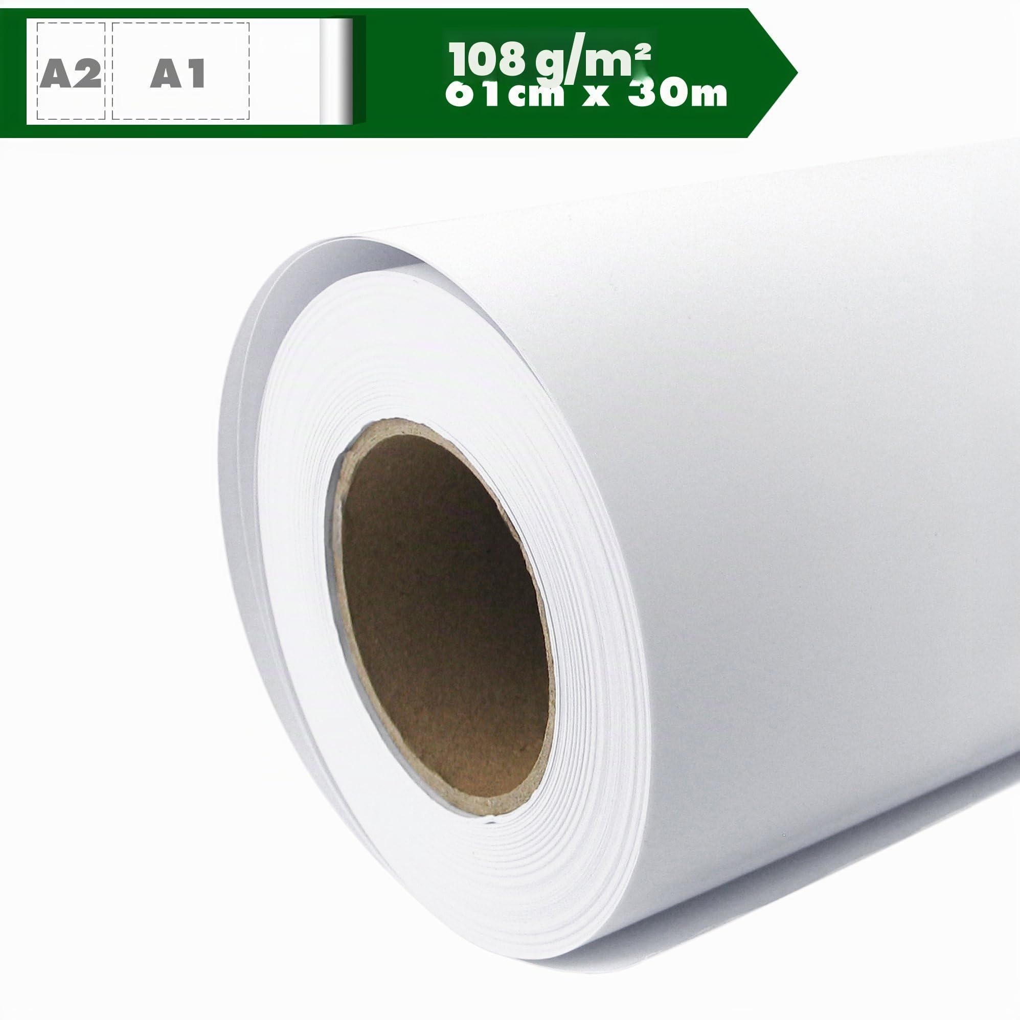 Plotterpapier Rolle matt 108 g/m² 61 cm x 30 m A1 A2 Inkjet Plotter gestrichenes Universalpapier wasserdicht, geeignet für Dye-und Pigmentfarben