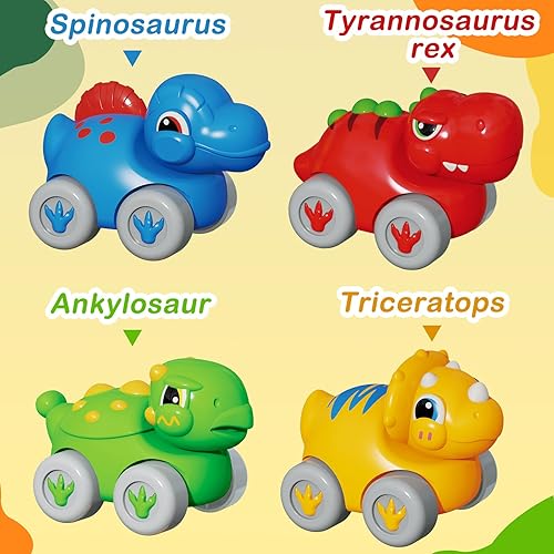 Miniatura 4 de Juguetes para bebés para niños y niñas de 1 año, juego de diapositivas de dinosaurio con 4 coches de empuje de colores y números, juguete de