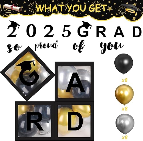 Miniatura 2 de Decoraciones para fiestas de graduación 2023 cajas de globos negros para fiestas de graduación con letras negras So Proud Of You suministros de