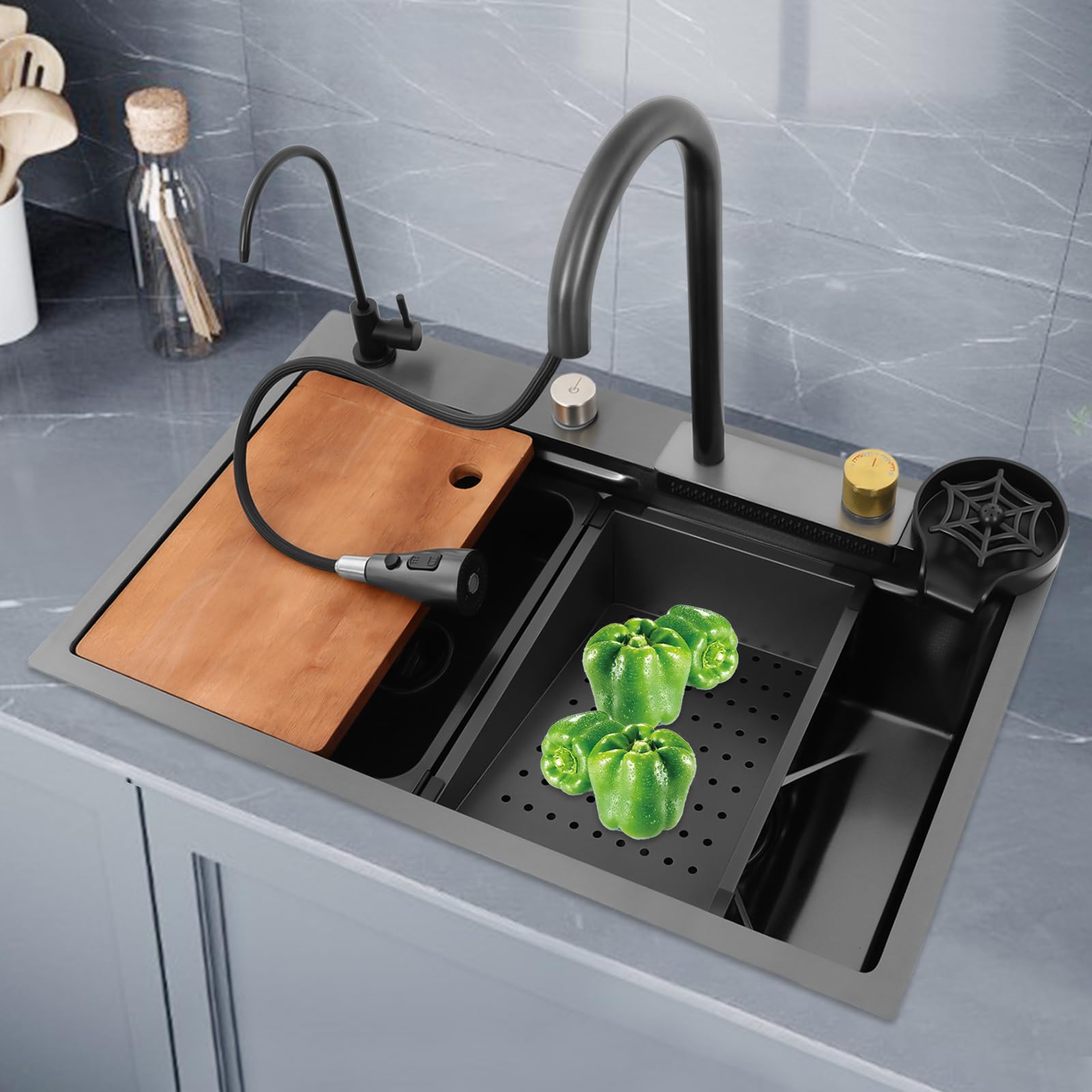 Wasserfall Spüle Küche mit 4 Wasserauslassmod Multifunktionale Haushaltsspüle Set Edelstahl Spülbecken mit Ausziehhahn (75 * 45 * 21cm)