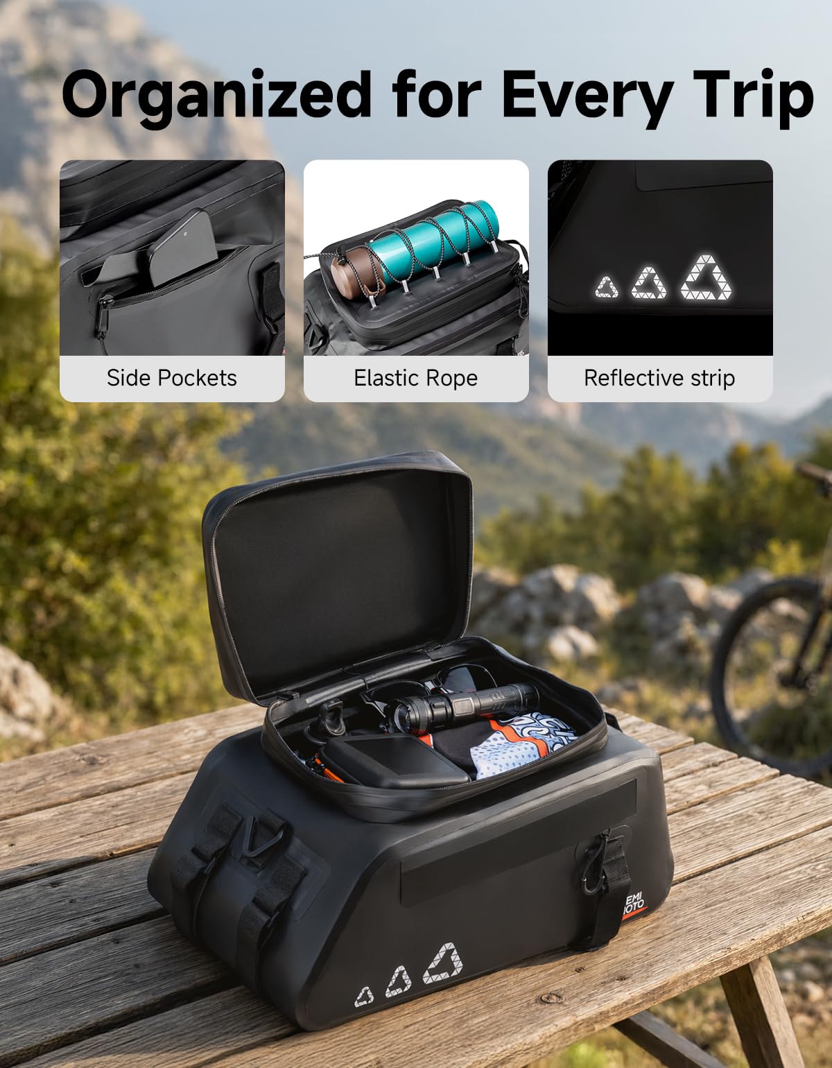 KEMIMOTO 3 in 1 Borsa Bici Posteriore, 13L Borsa per Bicicletta Posteriori Impermeabile con Striscia Riflettente, Borse per Bici con Tracolla e Maniglia per Strada Bike Mountain Bike