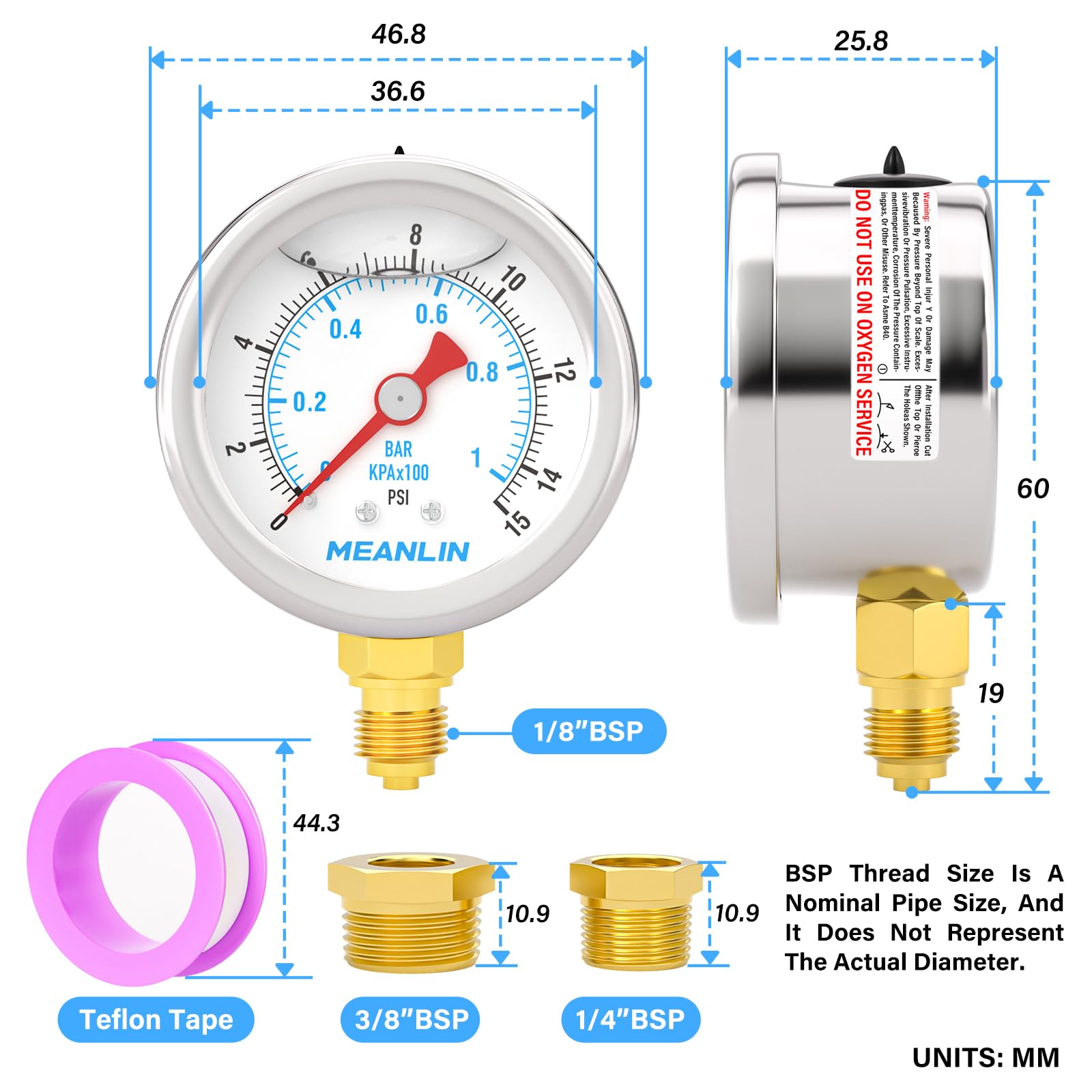 MEANLIN MEASURE 0~1BAR/15PSI Manometro in acciaio inox 1/8" BSP 1.5"FACE DIAL,riempito di glicerina,a liquido,acqua olio aria,montaggio inferiore,con boccola esagonale 1/8" x 1/4"BSP e 1/8" x 3/8"BSP