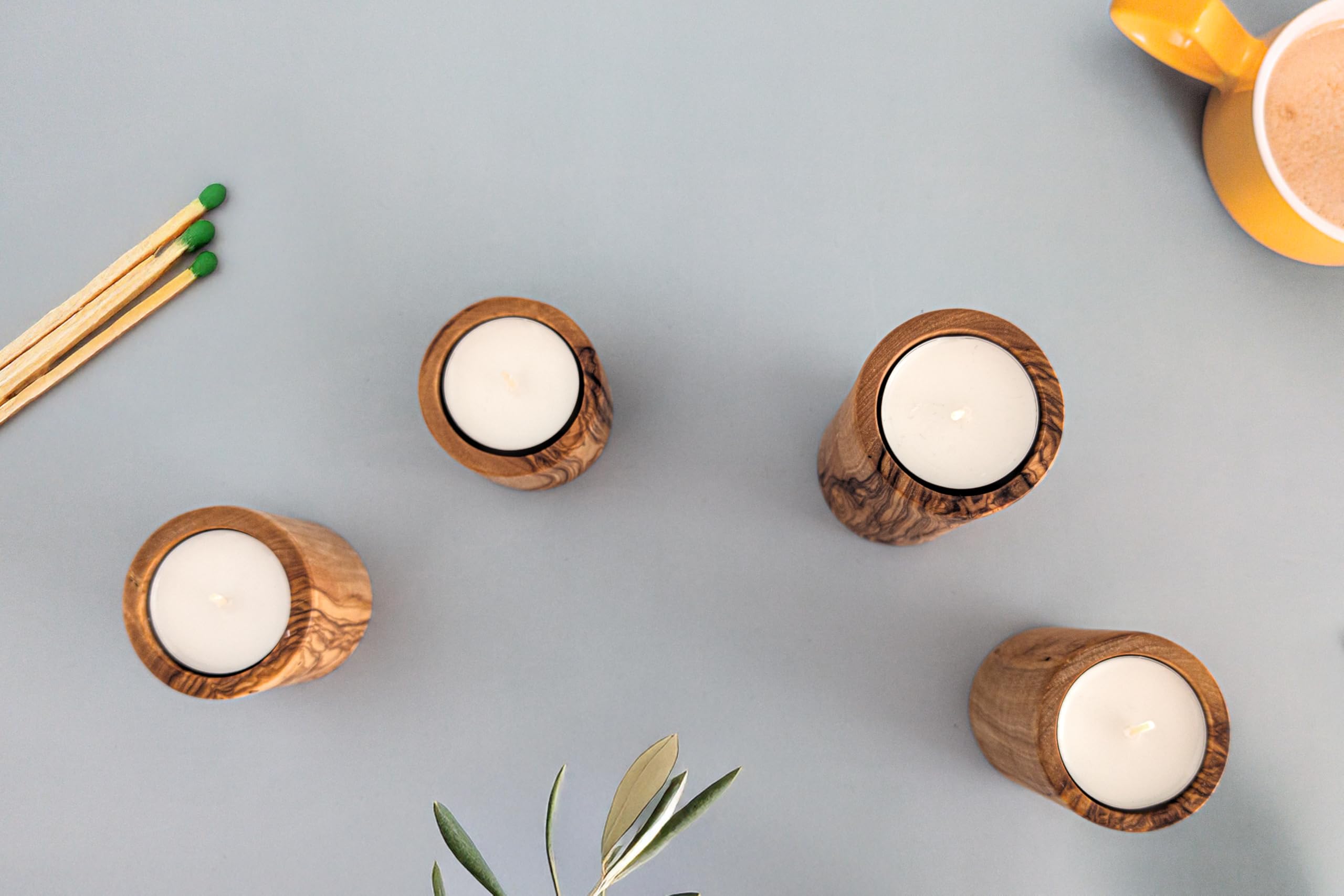 EMNA - Lot de 4 photophores en bois d'olivier de luxe | Hauteur : environ 4, 6, 8, 10 cm | Boîte cadeau incluse | Noël | Saint-Valentin | Support de bougie | Décoration romantique bien-être salle de