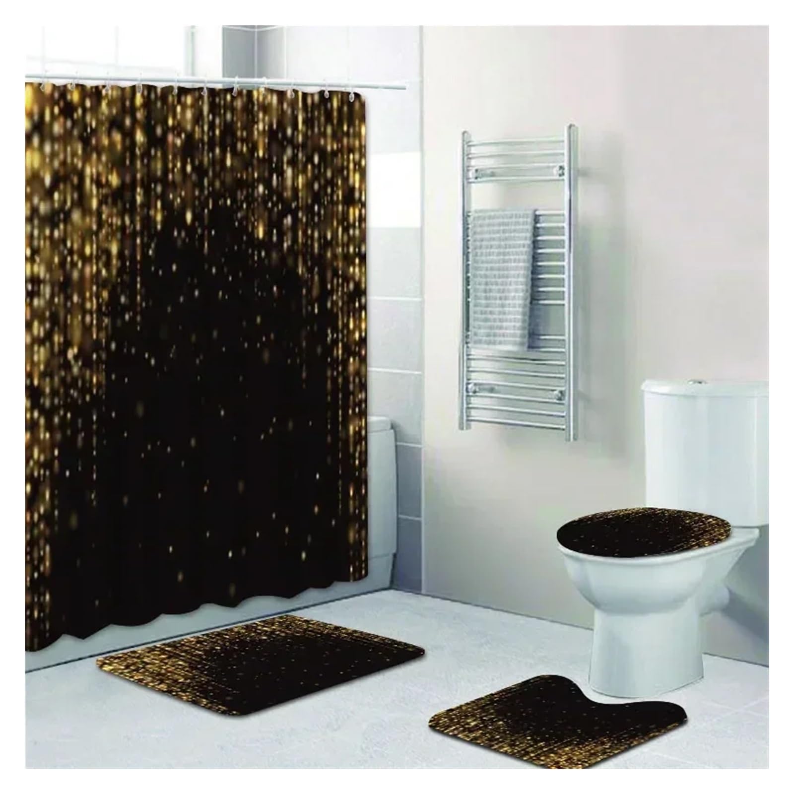 MZSKLW Shower Curtain Stylish Black Silver Falling Glitter Confetti Dust Bathroom Curtains Shower Curtain Set Grey Sparkling Bath Rugs Decor
