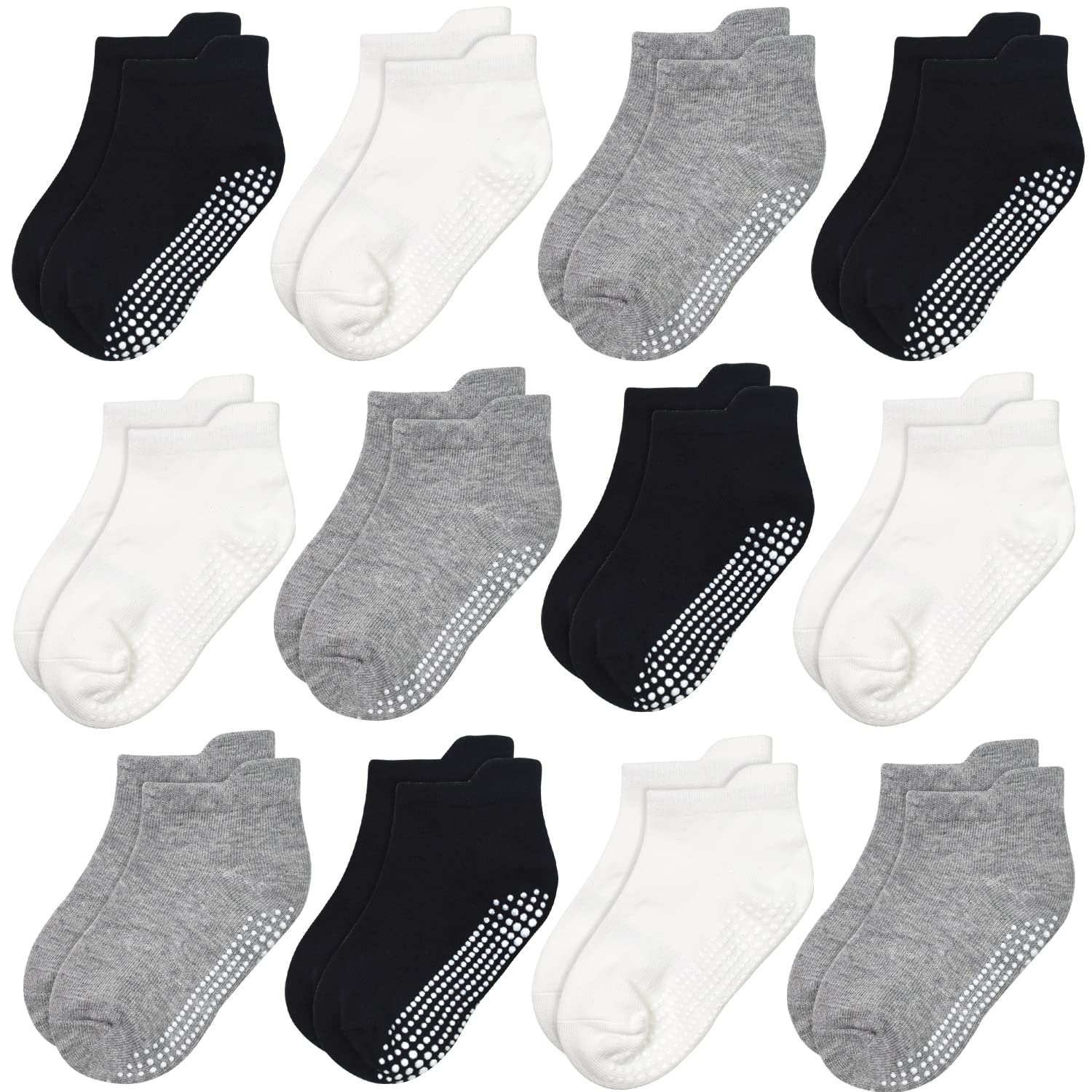 GRPSKCOS Stoppersocken Kinder 12 Paar Rutschsocken Socken Kinder ABS Socken Antirutschsocken für Jungen Mädchen (#3 Weiß/Grau/Schwarz-12 Paar, 3-5 Jahre)