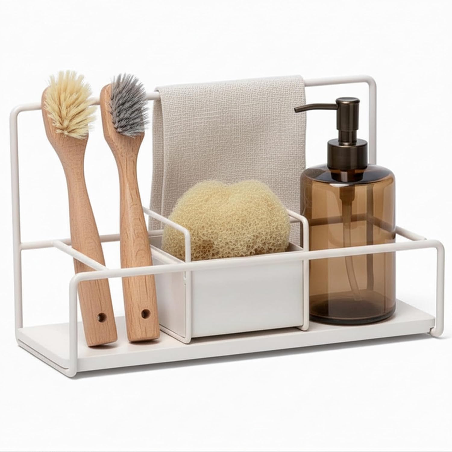 Kitchen Sponge Holder with Drying Stone Warm Grey Powder Coated Metal Sink Caddy Minimal Scandinavian Design Sponge Rack