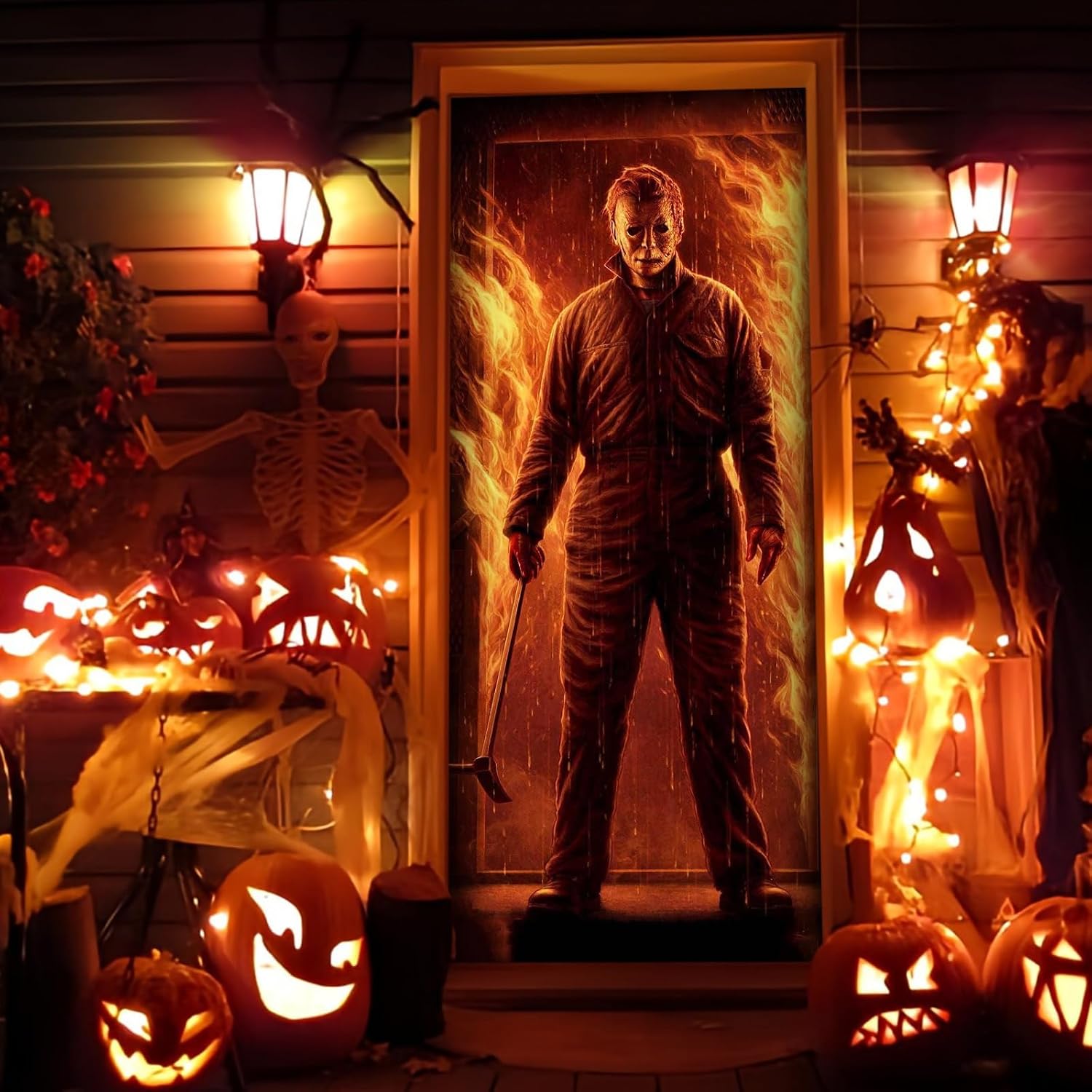 Halloween Door Cover Banner Decoration - Horror Movie Trick or Treat Backdrop - Scary Home Halloween Decoration (Orange)