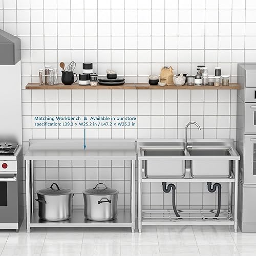 Miniatura 9 de Fregadero independiente de acero inoxidable, fregadero de restaurante comercial, fregadero grande de doble tazón, fregadero al aire libre, para