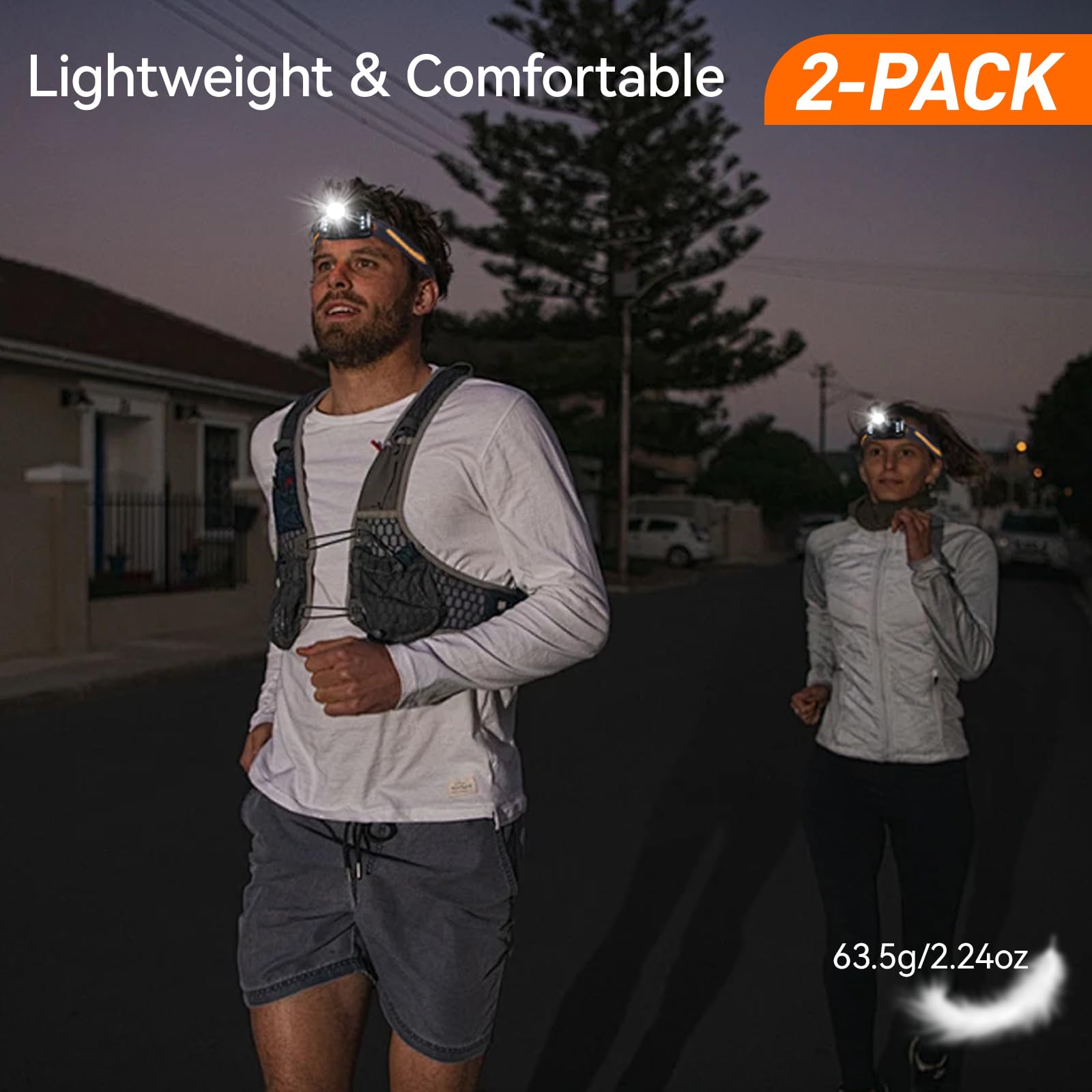 VAVOFO Lot de 2 lampes frontales à DEL, 500 lumens, rechargeables, étanches, avec lumière blanche brillante + lumière rouge, intensité variable, léger, bandeau réglable, 5 modes pour le camping