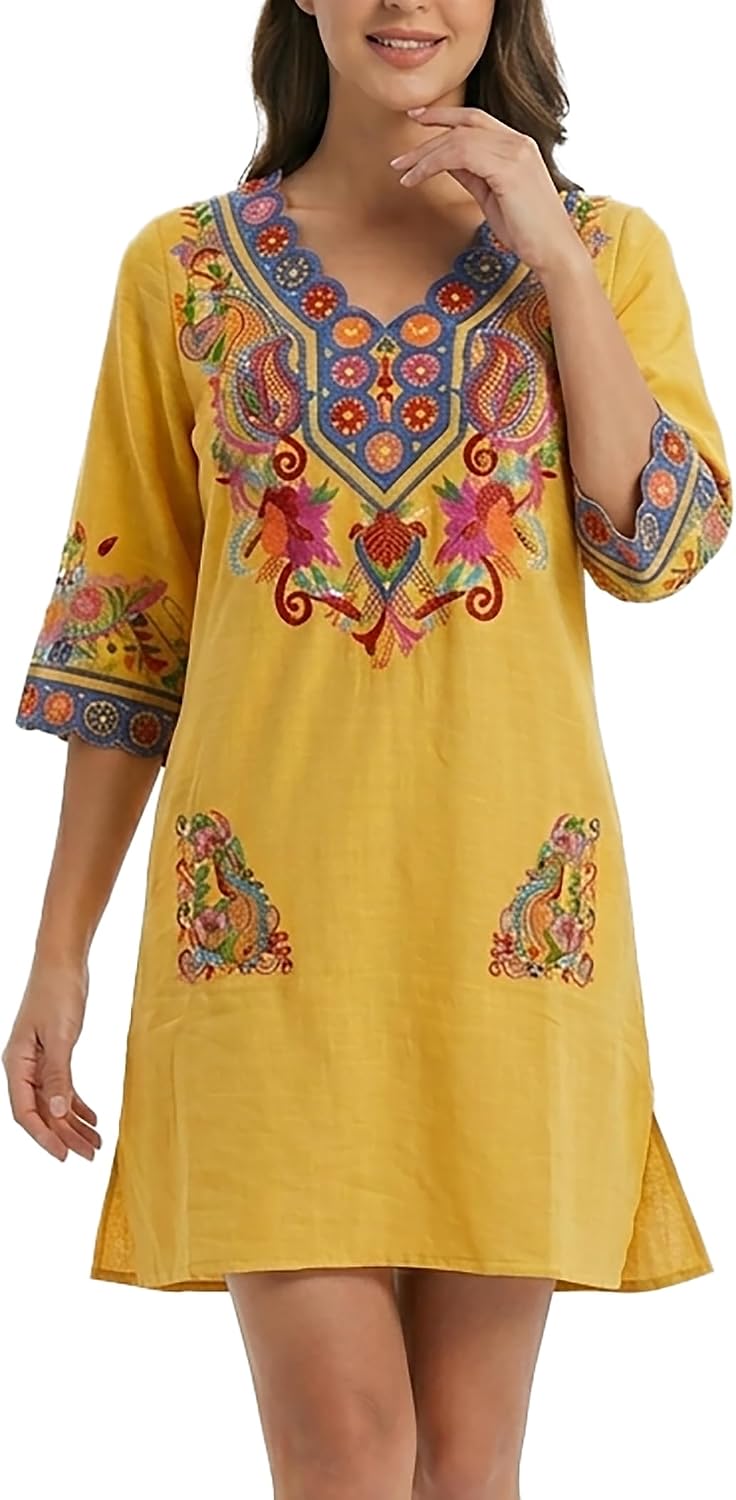 YZXDORWJ Women Embroidered Mexican V Neck Floral Dress Long Sleeve Floral Traditional Bohemian Dress