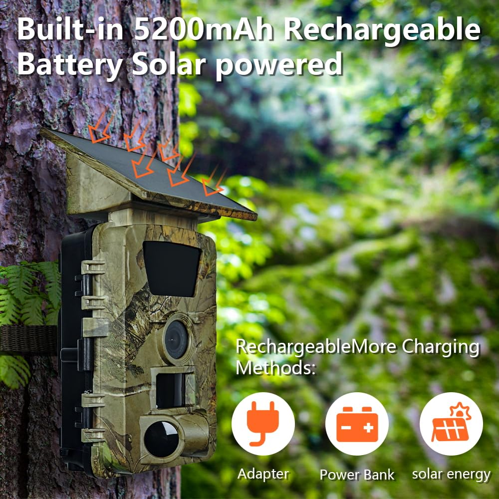 Solar Wildkamera 5K HD 60MP mit Nachtsicht & WLAN-App, 5200mAh Akku + Solar, 0.2s Auslöser, 120° IP67 Wasserdicht, Bewegungsmelder für Outdoor-Tierüberwachung