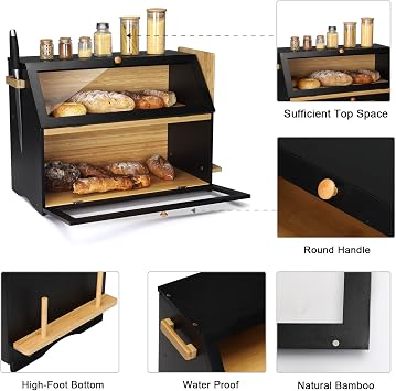 Large Bamboo Bread Bin 2 Tier Breadbox Kitchen 19.7x9.8x14.5 Black | Leader Accessories double decker Bread Holder with Front Opening and Clear Window for Kitchen Countertop Storage