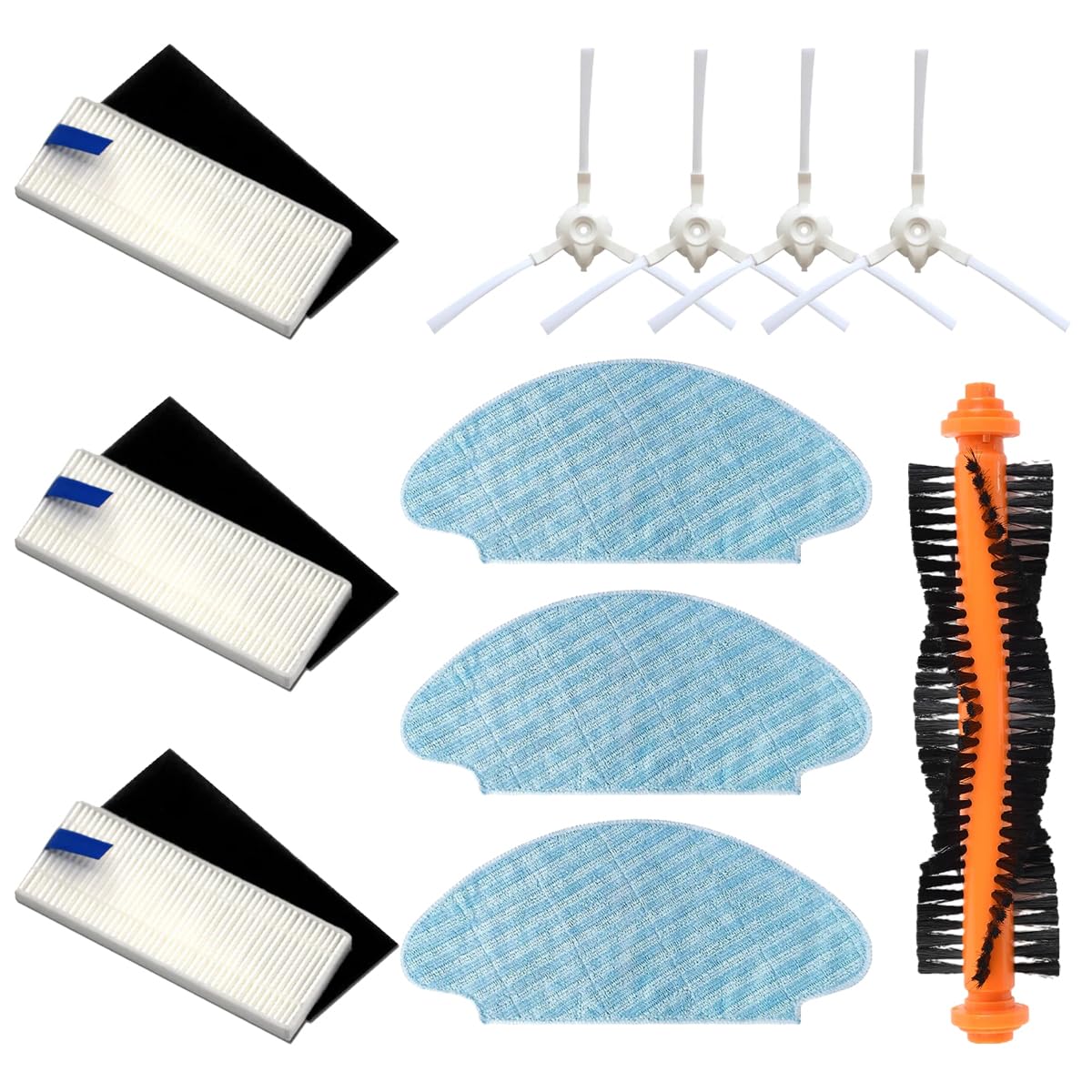 MIRTUX Pack de Accesorios Compatible con Robot Aspirador Rowenta Explorer 20 y 40 - Kit de Recambios Completos - Incluye 1 Cepillo Principal, 3 Filtros, 4 Cepillos Laterales y 3 Mopas