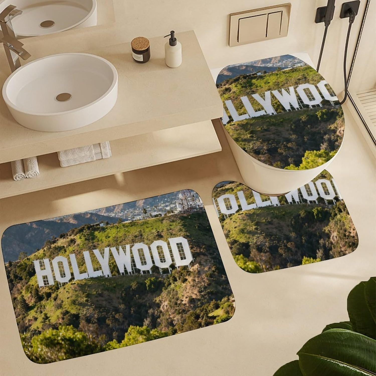 4 Piece Bathroom Rug Set with Shower Curtain, Non-Slip Bath Mat Toilet Cover Set, Hollywood Icon Bathroom Rug Sets
