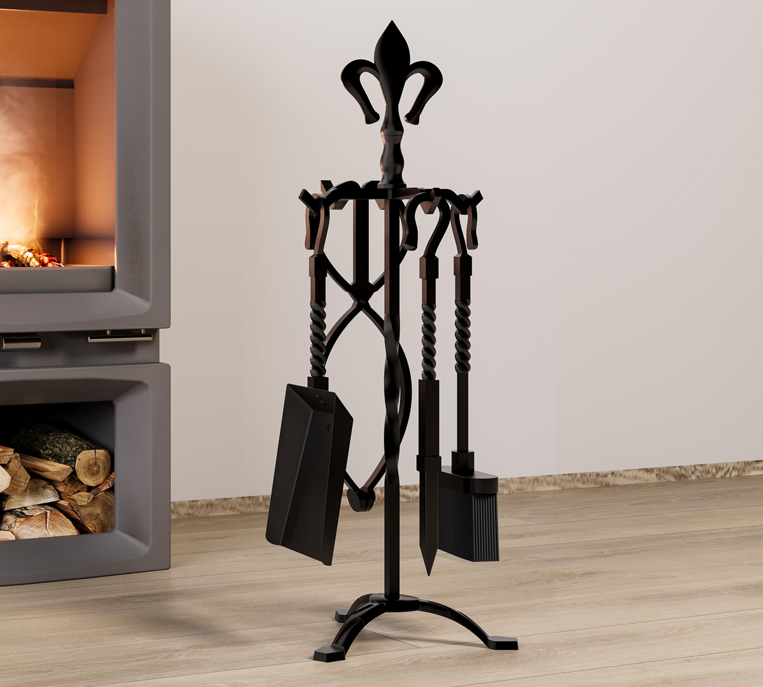 Kingson Set di 5 accessori per caminetto in ghisa, finitura nera, include attizzatoio, pinze, spazzola, pala e supporto, set di attrezzi per caminetti tradizionali, altezza 53 cm