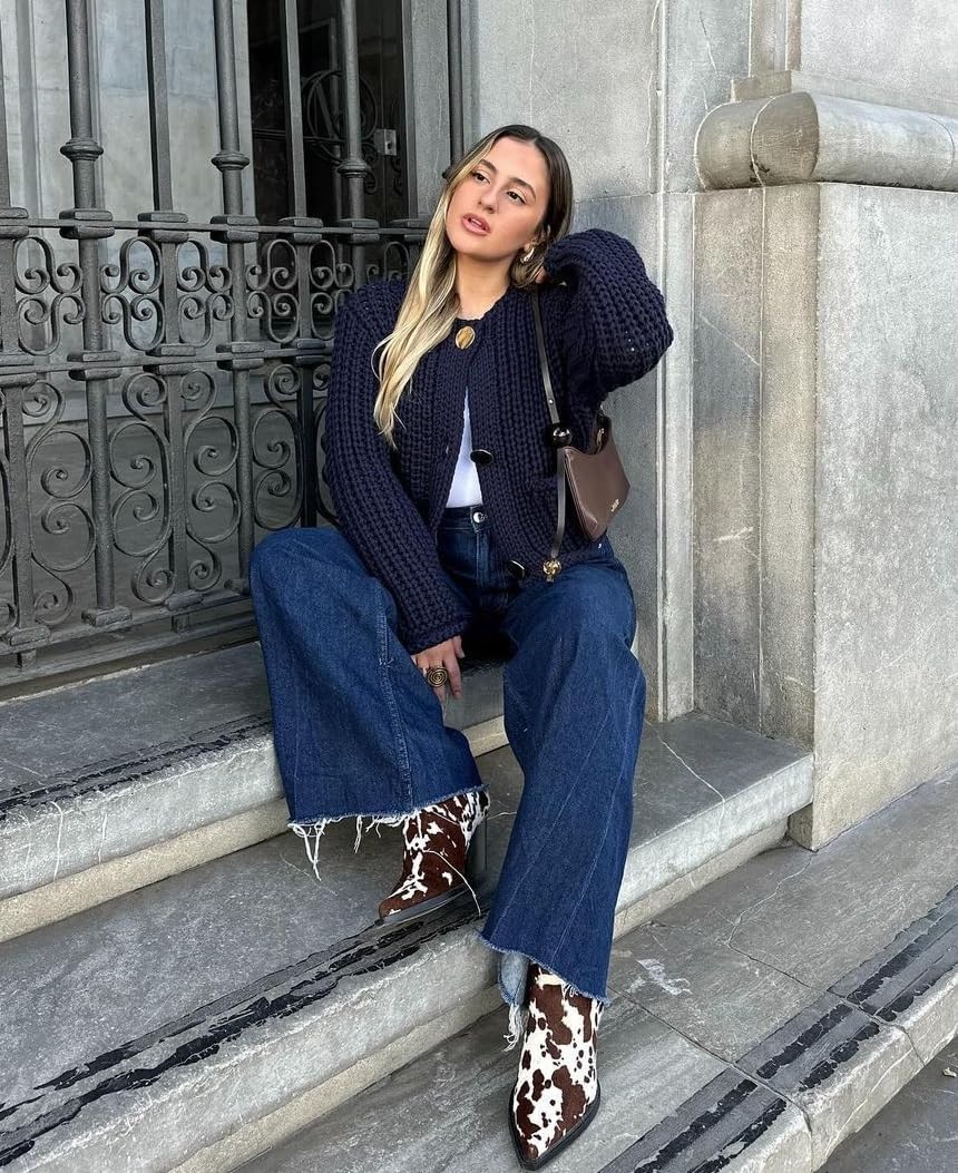 YKR Chunky Knit Cardigan Sweater for Women Long Sleeve Cropped Cardigans Button Down Sweaters with Pockets Navy M - Image 5