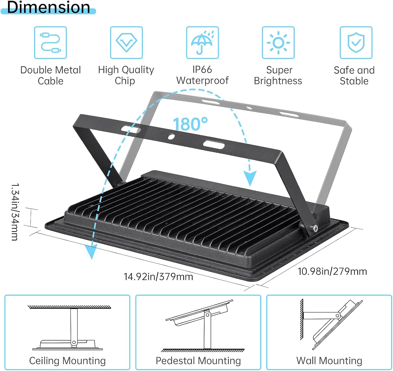 2 Pack LED Flood Light Outdoor, 200W 20000LM Work Light, IP66 Waterproof Floodlights 6000K Daylight White Security Light Plug-in for Yard, Garage, Garden