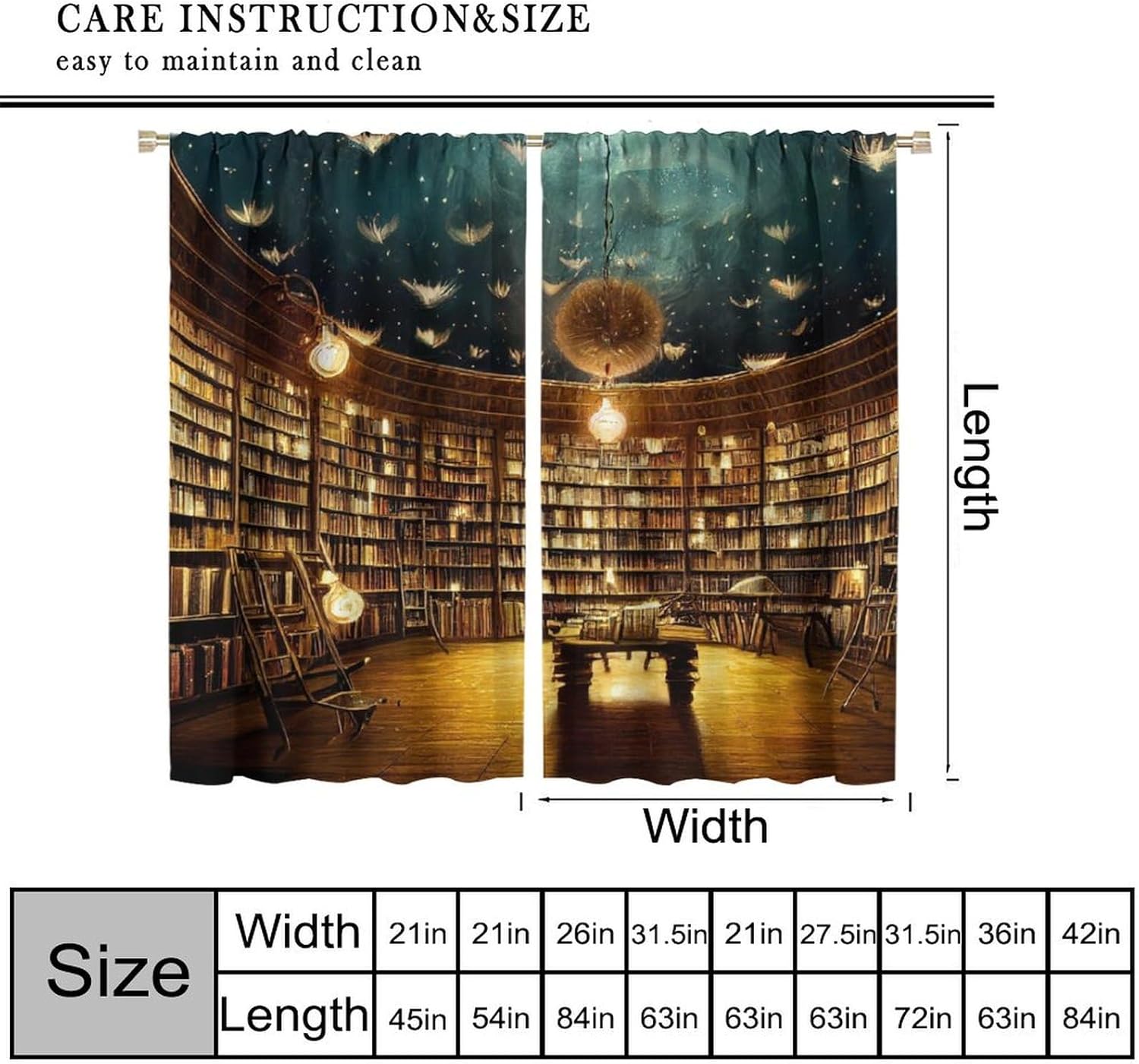 Magic Library Curtains Vintage Bookshelf Mysterious Middle Ages Curtain with Rod Pocket for Bedroom Living Room Home Decor Drapes Window Treatments 2 Panels Set 42" W X 45" L
