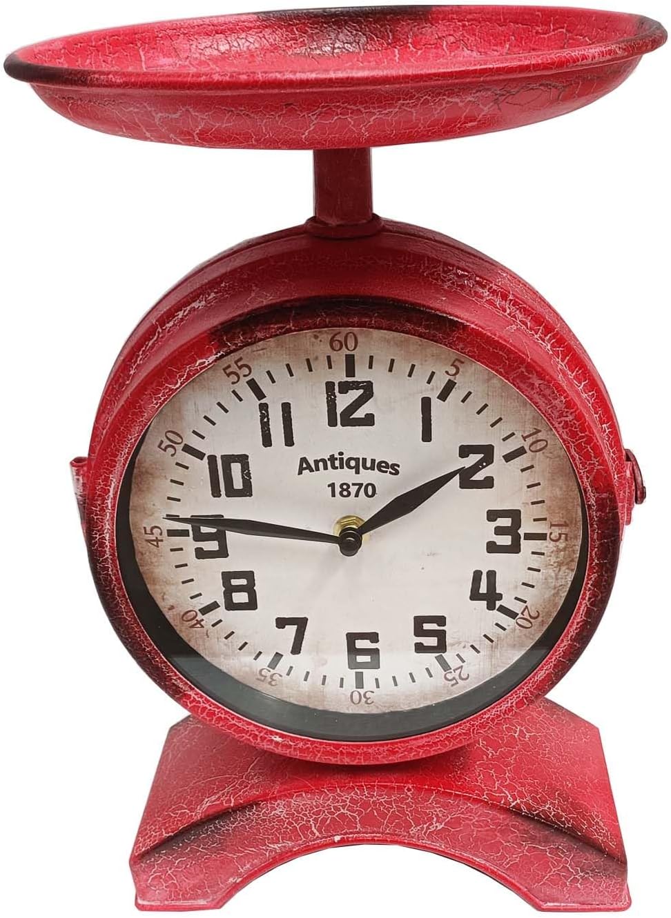 First of a Kind Red Metal Vintage Round Clock - 8.5 x 13.5 inches, Silent, Battery Operated, Kitchen Decor, Tabletop