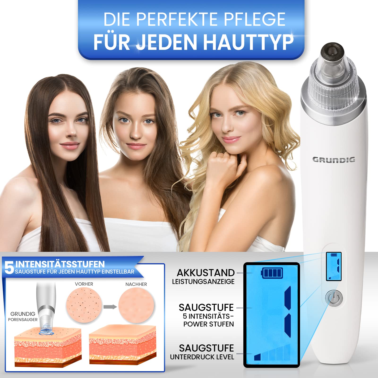 GRUNDIG Porenreiniger Mitesserentferner - Mitesser dauerhaft und schnell entfernen - Akku Porensauger mit 5 Wirkstufen, Hygienefilter 4 Profi Sauger Pflegeaufsätzen I Blackhead Remover (Gerät), Weiß