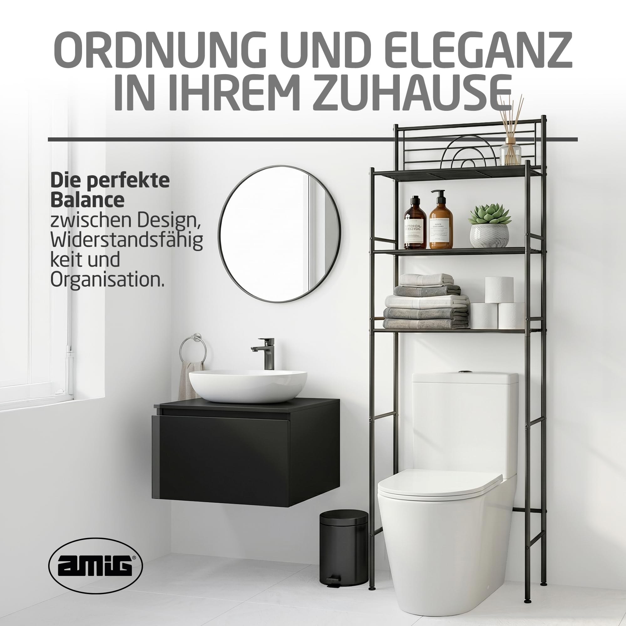 Amig - Badezimmerregal über Toilette Mod. ORIA - 3 Höhen - Hergestellt aus Stahl - Matt schwarz - Mit verstellbaren Füßen - 60,7 x 28 x 172 cm