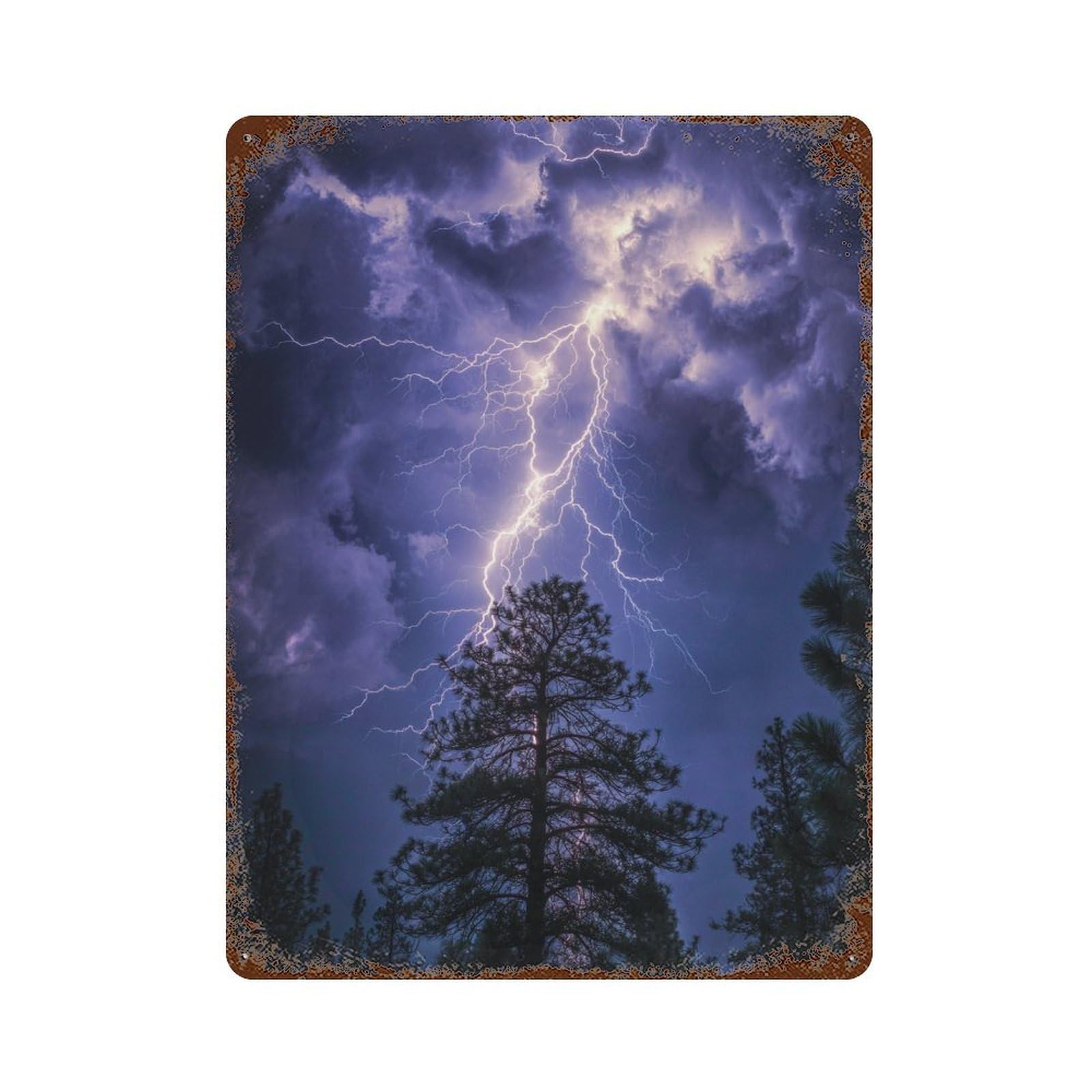 Lightning Strikes Through Trees Aged Metal Wall Plaque 15.7"x11.8", Industrial Home Decor for Garage, Pub Or Kitchen