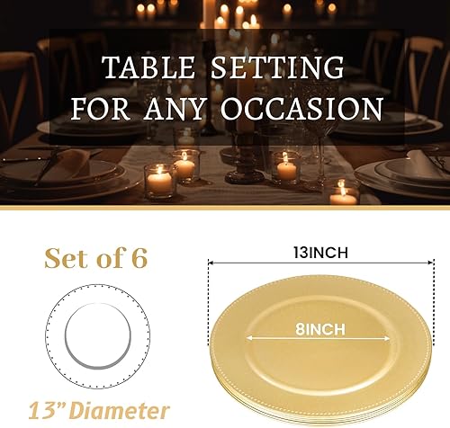 Miniatura 3 de MAONAME Juego de 6 platos de carga dorados de 13 pulgadas, cargador redondo para platos llanos, cargadores de platos con borde de cuentas