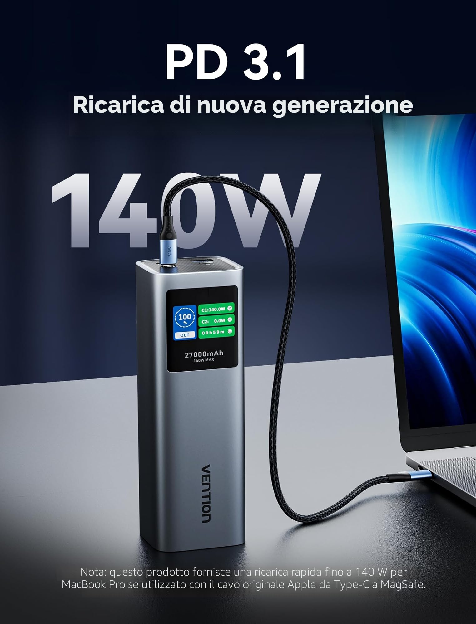 VENTION Power Bank 27000mAh 140W, Caricatore Portatile con 3 Porte, Ricarica Rapida PD3.1 e Display Digitale Intelligente, Compatibile con MacBook Pro, Dell, HP, iPhone 17/16/15/14, iPad, Galaxy S24