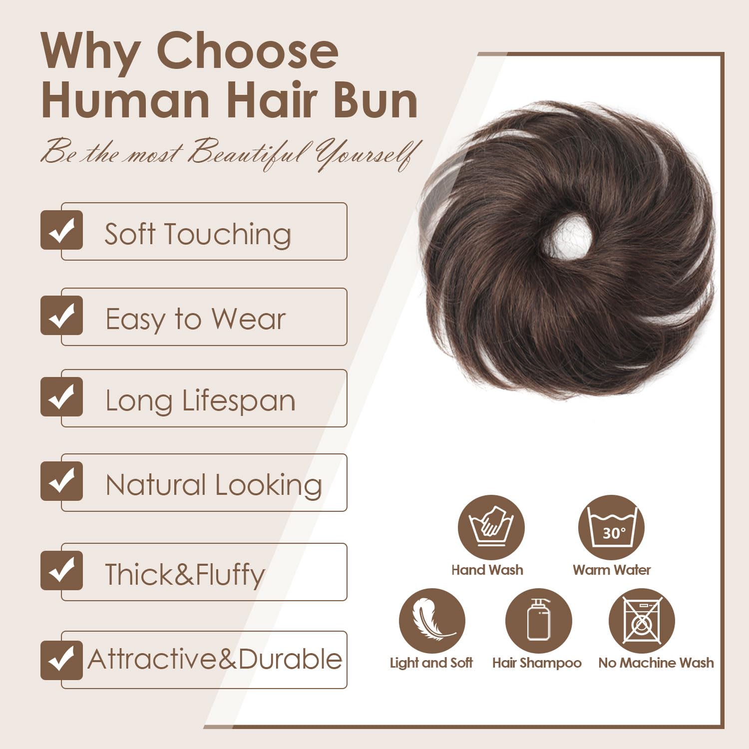 Human Hair Bun Natural Curly Darkest Brown Natural Curly Tousled Stretchy Fluffy Donut Updo Elastic Rubber Band Human Hair Extension(2 Count #2 Darkest Brown)