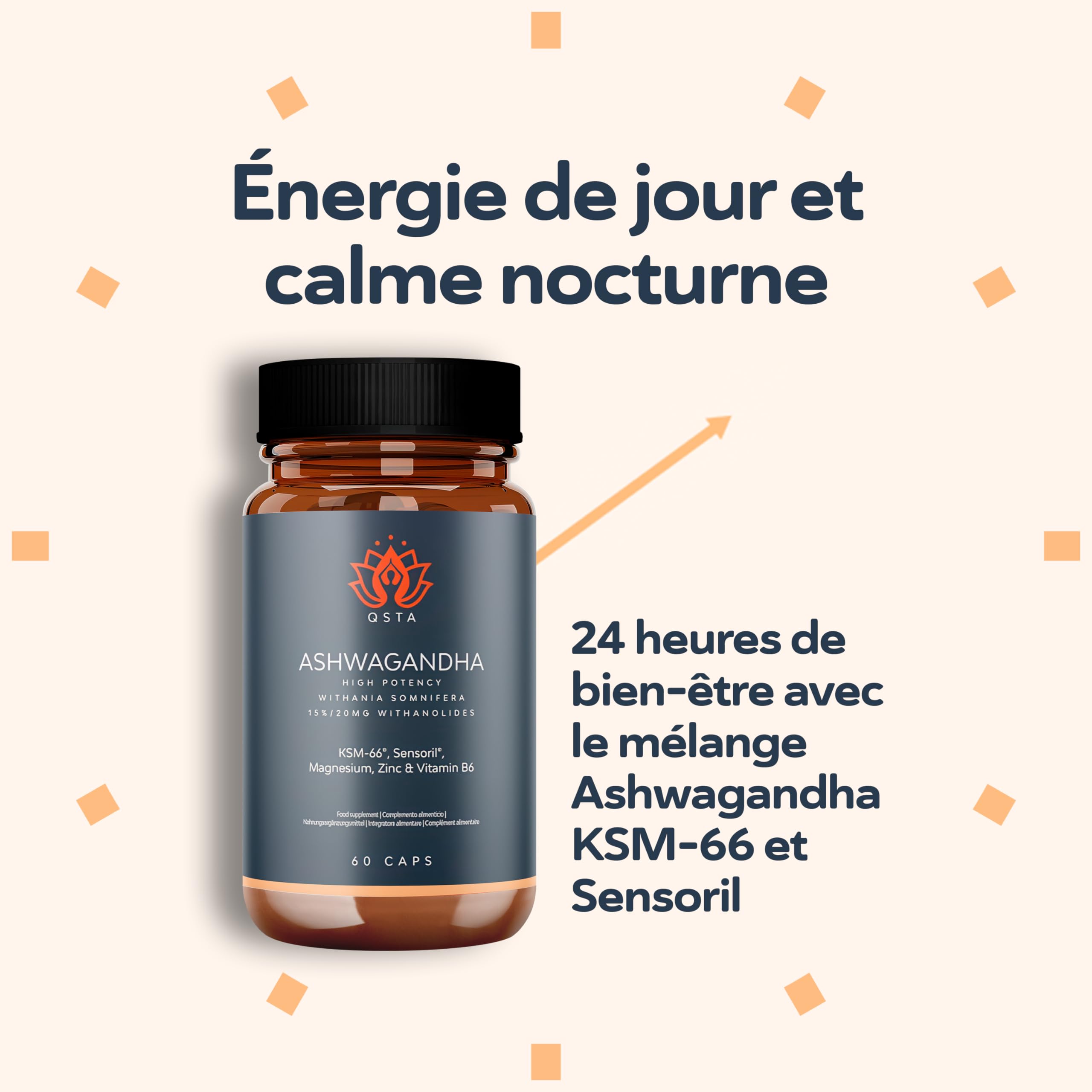 Ashwagandha KSM-66 + Sensoril (15-20% Withanolides) Adaptogène et Nootropique pour un Sommeil Profond, le Bien-être, l'Énergie, Cortisol | 2 mois