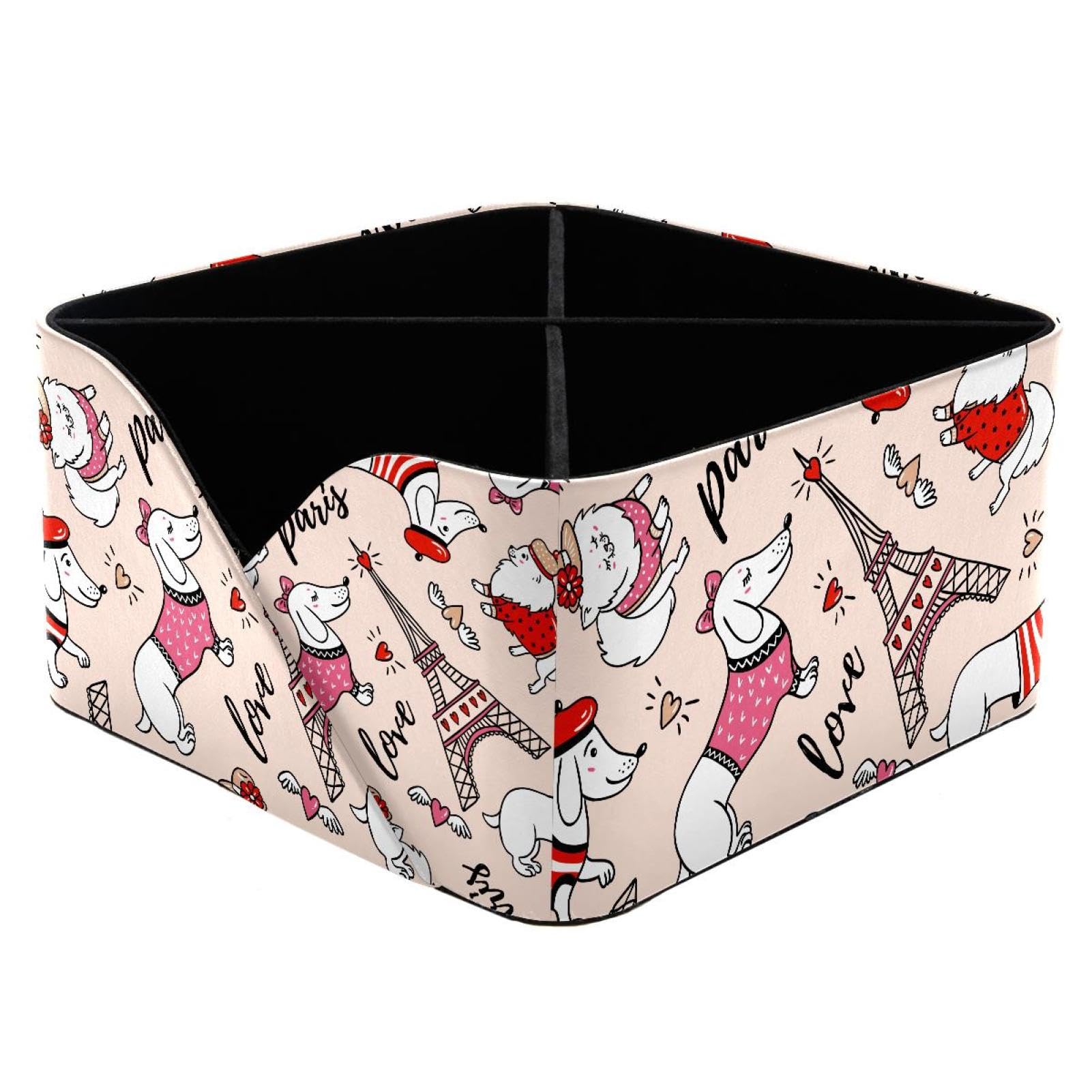 KengjuTesu Cute Parisian Dachshund Dog Eiffel Tower Pattern Desktop Organizer Pen Holder, Rectangular Pencil Cup for Office, Study and Makeup Stations