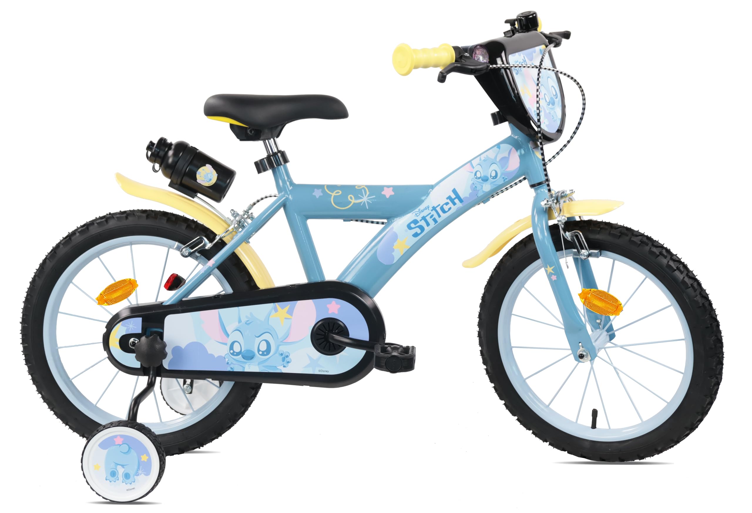 Vélo 16'' Stitch équipé de 2 Freins, Roues gonflables, Plaque Avant décorative, bidon arrière et stabilisateurs Inclus.