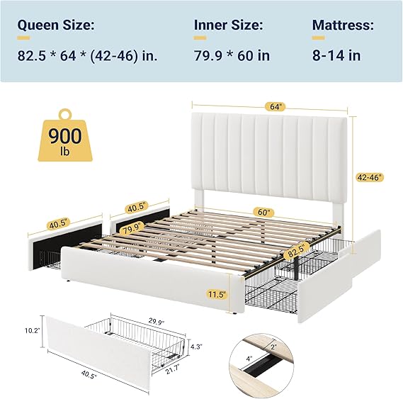 Allewie Queen Size Storage Bed Frame, Vertical Channel Tufted Adjustable Headboard, Velvet Upholstered Platform Bed with 4 Oversized Underbed Drawers, Wooden Slats Support, No Box Spring Needed, White